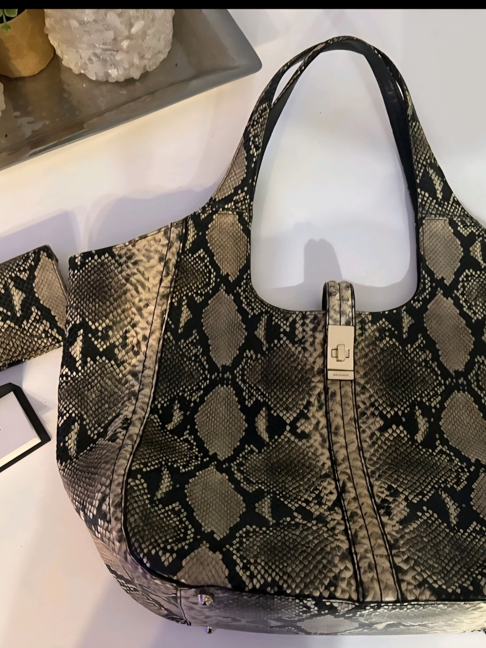 Python-Print Shoulder Bag in Black and Cream